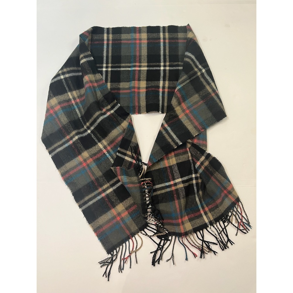 Scotland Cashmere Scarf Unisex OS Black Grey Plaid Fringe Made In Scottland
